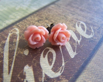 Salmon Pink Rose Post Earrings