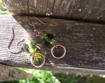 Lucky Green Glass and Brass Dangle Earrings