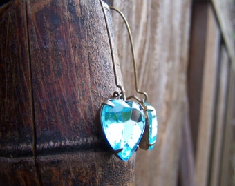 Vintage Aqua Blue Glass Jewel Heart Dangle Earrings