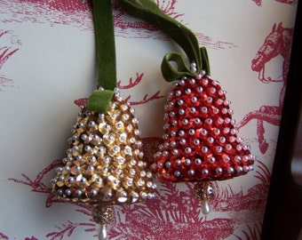 Vintage Red and Gold Sequin Bell Ornaments Set of 4