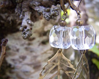 Antique Brass Leaves Czech Glass Earrings