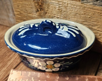 Vintage Mini French Dark Blue Daisy Casserole Dish Pottery