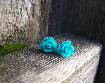 Teal Blue Rose with Sterling Silver Post Earrings