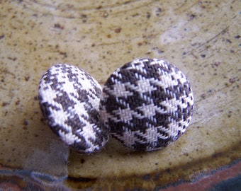 Brown Houndstooth Fabric Button Post Style Earrings, Derby, Rustic, Earrings