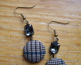 Antique Brass Derby Plaid Button Dangle Earrings, Gray Glass Jewel
