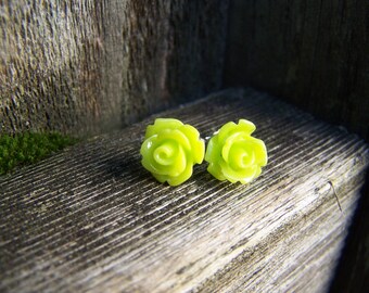 Light Lime Green Rose with Sterling Silver Post Earrings