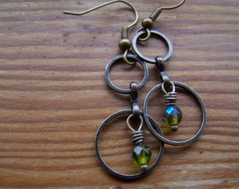 Antique Brass Double Hoop Czech Green Glass Dangle Earrings-Forest