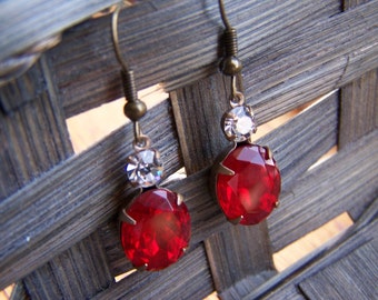 Vintage Style Red Clear Glass Oval Dangle Earrings