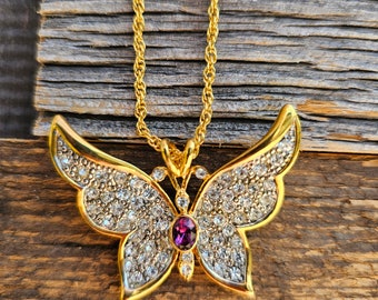 Signed VTG PSCo Clear & Purple Rhinestone  Butterfly Necklace w/ Goldtone Chain