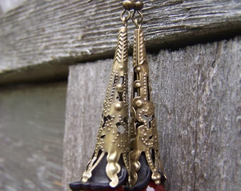 Mystic Black Red Antique Brass Trumpet Renaissance Earrings