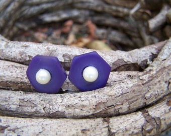 Vintage Purple Button Post Earrings with Pearl Accent