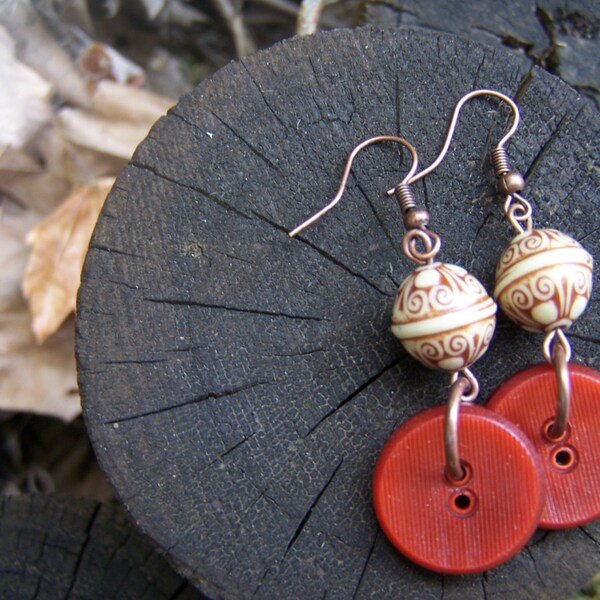 Vintage Autumn Button and Bali Bead Earrings