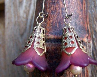 Antique Brass Plum Flower Dangle Earrings