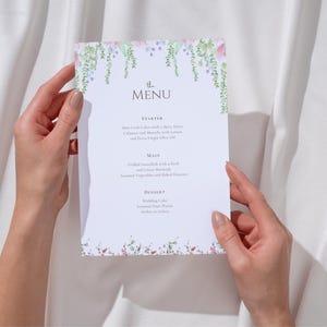 Plantilla de menú de boda, menú de boda en el jardín, menú de boda con flores, menú de boda imprimible, plantilla de menú simple de descarga instantánea, 5x7