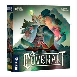 May include: A board game box titled "Covenant" with illustrations of fantasy characters. The box features a color palette of greens, reds, and blues. The game's title is in a bold, white font. The box also displays the publisher's logo and the names of the game's creators.
