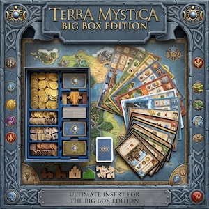 May include: Terra Mystica Big Box Edition board game featuring a blue plastic storage insert filled with gold, silver, and copper coins, wooden tokens, and card decks. A large illustrated map serves as the base, with game cards fanned out.