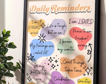 Daily Affirmations Poster, daily reminders and uplifting quotes for self care. Motivational and inspirational bedroom wall art