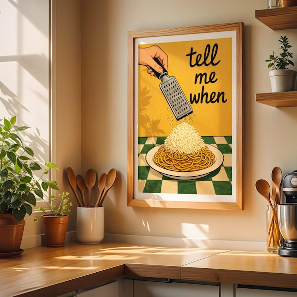 Cheesy pasta lovers art print, cheese illustration food inspired kitchen art, retro funny home decor