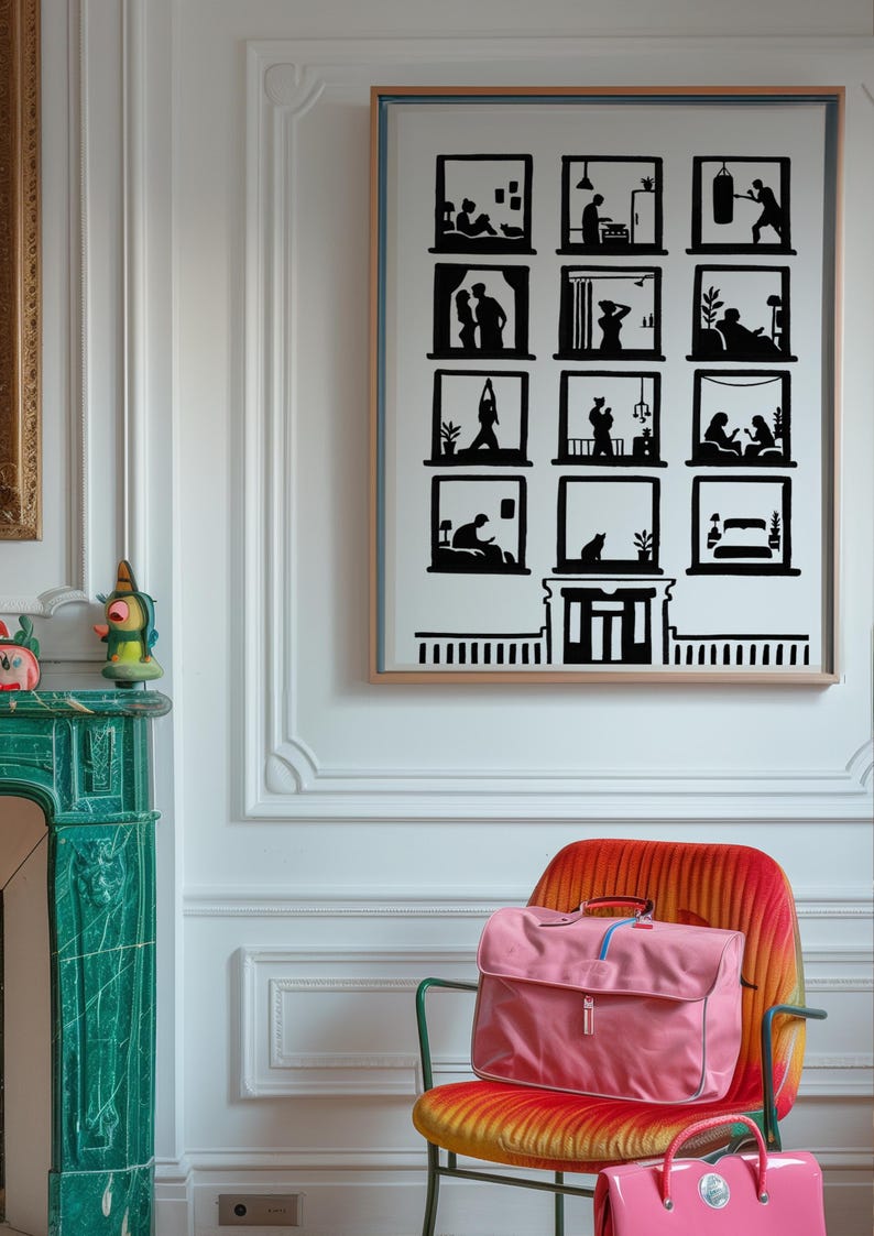 Hand Painted Print of Apartment Window Silhouette Poster, Urban ...
