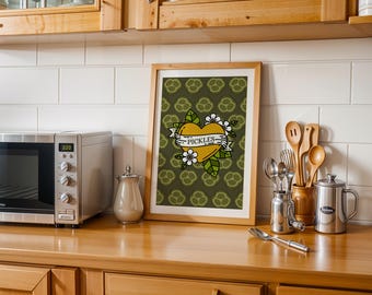 Pickled hearts, Pickle lover kitchen art, Funny Wall Art Print, Quirky Retro Poster, Gift for Him/Her