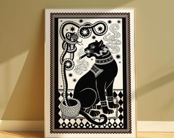 Black Panther & Cobra Tattoo Style Art Print, Bold Black and White Illustration Gothic Wall Decor Traditional Tattoo Inspired Poster