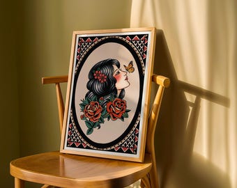 Traditional Tattoo Woman and Butterfly Art Print Vintage Pin Up Flash Poster Classic American Tattoo Style Wall Art, Gothic Illustration