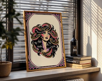 May include: A framed art print featuring a Medusa illustration. The artwork showcases a woman with snakes for hair, rendered in black, pink, and gold. The frame is wooden. A bottle of wine and books are on the windowsill.