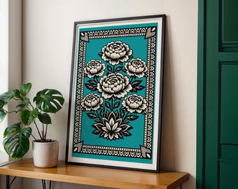 Blue Floral Peonies Traditional Tattoo style, Alternative gothic wall art heart flowers botanical living room decor