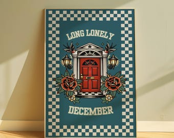 May include: A framed art print featuring a red door with a traditional tattoo-style design. The artwork includes roses, swallows, and the words "LONG LONELY DECEMBER" in a teal and white checkered border.