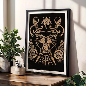 Panther Alternative art, Traditional Tattoo style, gothic wall art, animal grunge living room decor image 1