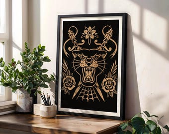 Panther alternatieve kunst, traditionele tattoo-stijl, gotische muurdecoratie, grunge dierenstijl woonkamerdecoratie