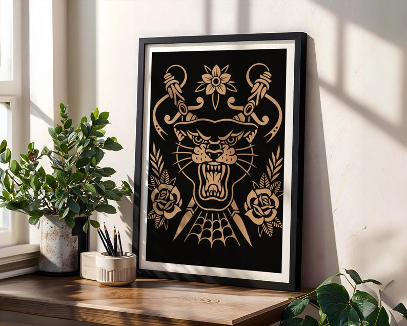 Panther Alternative art, Traditional Tattoo style, gothic wall art, animal grunge living room decor image 1