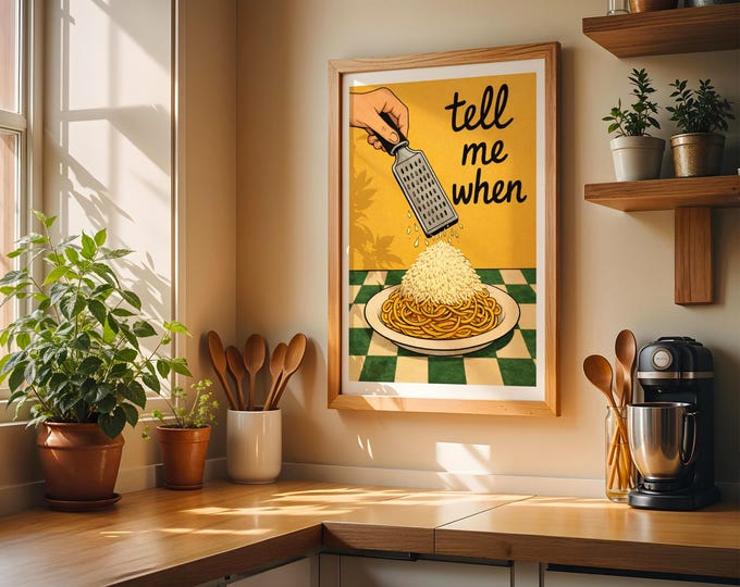 Cheesy pasta kitchen print, cheese illustration food inspired kitchen art, retro funny home decor
