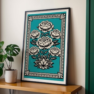 Tatuaje tradicional de peonías florales azules, arte de pared gótico alternativo, flores de corazón, decoración botánica para sala de estar.