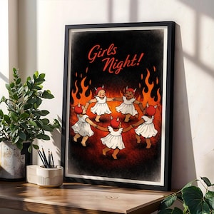 Lámina de arte mural "Noche de chicas", póster de querubines diabólicos bailando, ilustración retro gótica, decoración femenina espeluznante, regalo de bruja