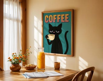Tired cat art print, Halloween and coffee themed kitchen wall art
