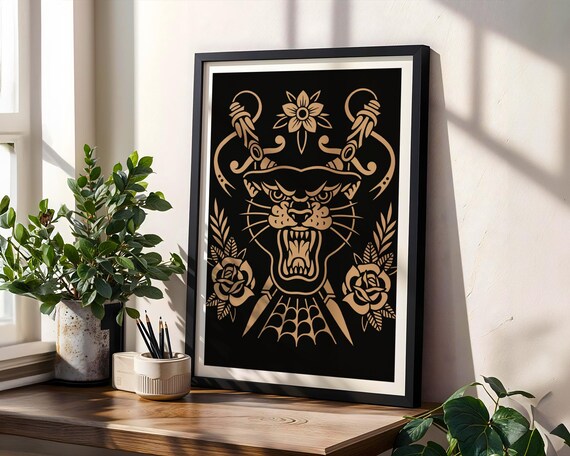 Panther Alternative art, Traditional Tattoo style, gothic wall art, animal grunge living room decor