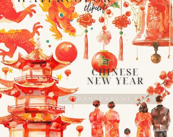 Puede incluir: Ilustraciones de acuarela de símbolos del Año Nuevo chino, incluyendo un dragón rojo, una pagoda, linternas y personas con ropa tradicional. El texto "CHINESE NEW YEAR" está escrito en negrita.