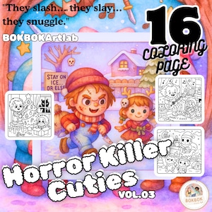 Killer Cuties Coloring Pages Vol.3 | Kawaii Horror Zabawne Sceny Świąteczne | Uroczy Straszny Slasher Świąteczny PDF | Halloween do Xmas Crossover