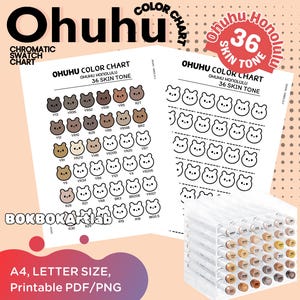 Op de afbeelding: Een kleurenkaart met de tekst "Ohuhu" en "36 Skin Tone" met een verscheidenheid aan huidtinten. De kaart bevat een set stiften in een doorzichtige plastic houder. De tekst "A4, LETTER SIZE, Printable PDF/PNG" is ook zichtbaar.