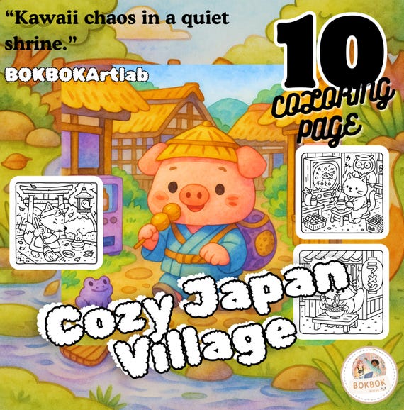 Cozy Japan Village Coloring Pages: Kawaii Animal Life (Printable PDF)