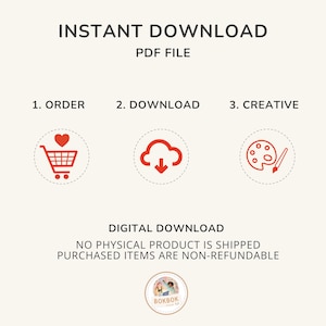 Puede incluir: Descarga instant&aacute;nea de un archivo PDF. La imagen muestra tres iconos: un carrito de compras con un coraz&oacute;n, una nube con una flecha de descarga y una paleta de pintura con un pincel. El texto "DESCARGA DIGITAL" est&aacute; debajo de los iconos. El texto "NO SE ENV&Iacute;A NING&Uacute;N PRODUCTO F&Iacute;SICO" y "LOS ART&Iacute;CULOS COMPRADOS NO SON REEMBOLSABLES" est&aacute;n debajo del texto "DESCARGA DIGITAL". La imagen tambi&eacute;n incluye un logotipo con el texto "BOKBOK".