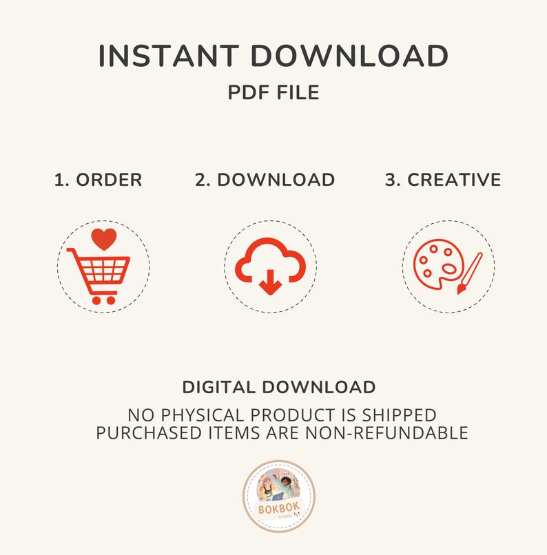 Puede incluir: Descarga instant&aacute;nea de un archivo PDF. La imagen muestra tres iconos: un carrito de compras con un coraz&oacute;n, una nube con una flecha de descarga y una paleta de pintura con un pincel. El texto "DESCARGA DIGITAL" est&aacute; debajo de los iconos. El texto "NO SE ENV&Iacute;A NING&Uacute;N PRODUCTO F&Iacute;SICO" y "LOS ART&Iacute;CULOS COMPRADOS NO SON REEMBOLSABLES" est&aacute;n debajo del texto "DESCARGA DIGITAL". La imagen tambi&eacute;n incluye un logotipo con el texto "BOKBOK".