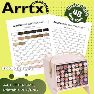 May include: A pink marker case with a handle, holding numerous markers. Two swatch charts are behind the case, labeled "Arrtx OROS Swatch Chart 48 Skin Tone." The image also includes the text "BOKBOKArtlab" and "A4, LETTER SIZE, Printable PDF/PNG."