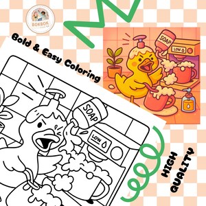 May include: A cartoon illustration of a yellow duck pouring soap into a mug. The image includes the text "Bold & Easy Coloring" and "High Quality". The duck is in a bathroom setting with a plant and a soap dispenser.