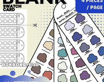 May include: A blank swatch card with the text "BLANK SWATCH CARD" and "BOKBOKArtlab". The card features color swatches in various shades of blue, purple, brown, and green. The text "4 PIECES / PAGE" is also visible.