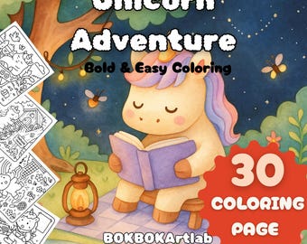 May include: A coloring book featuring a unicorn reading a book in a forest setting. The cover has a title that reads "Unicorn Adventure" and "Bold & Easy Coloring". The book includes 30 coloring pages.
