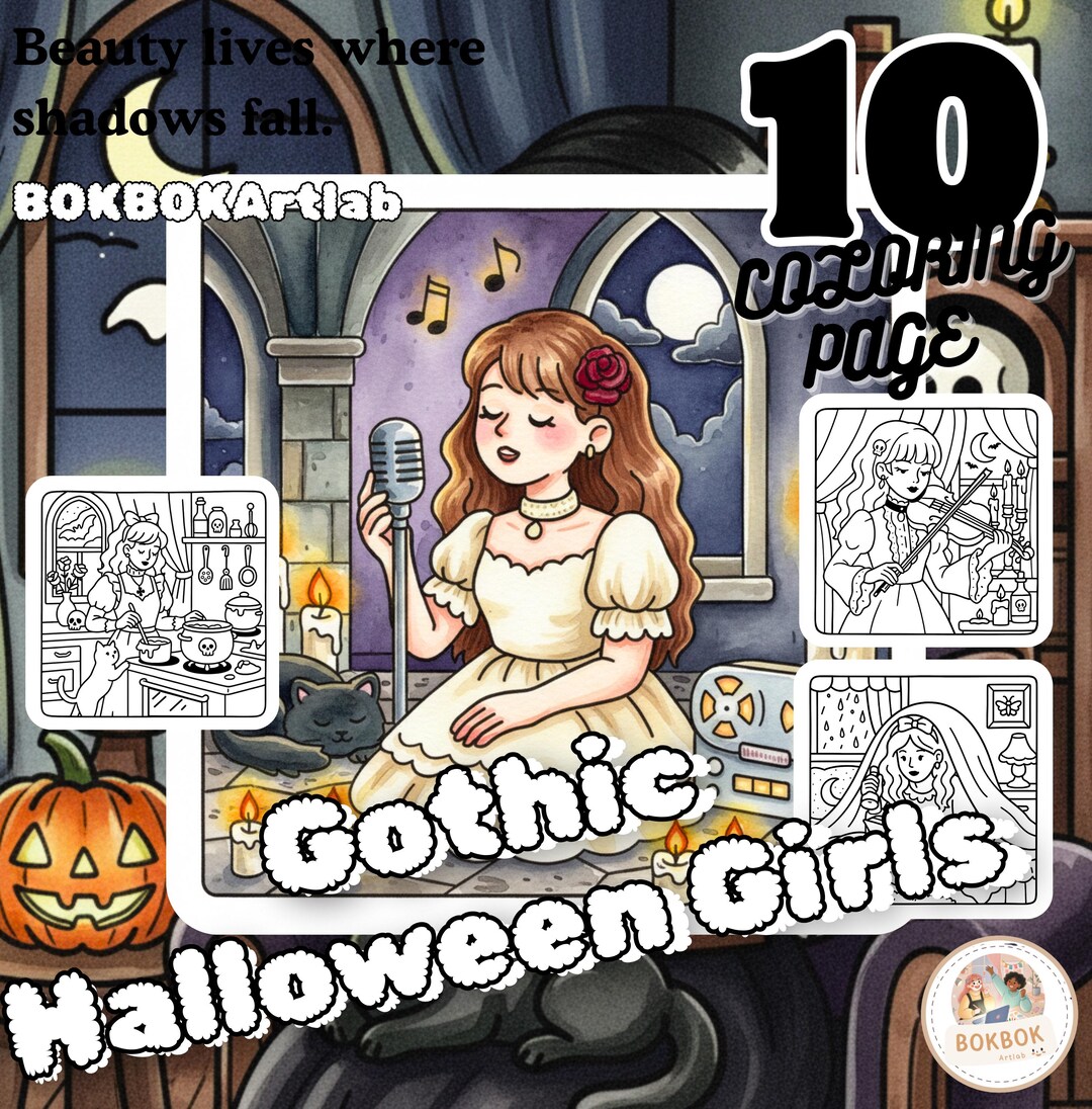 Gothic Halloween Girls Coloring Pages: Spooky Kawaii Art (PDF) - Etsy