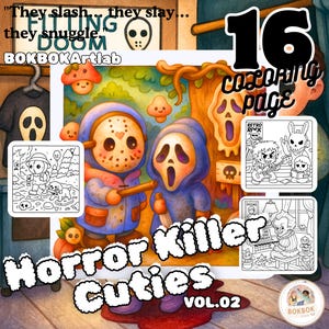Killer Cuties Kolorowanki Vol2 | Horror Movie Kawaii Style | Słodkie Sceny Slasher Wydruki | Straszny Uroczy Halloween PDF | Zabawny Horror