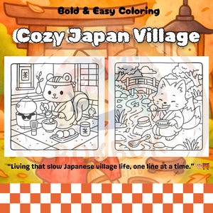 Pu&ograve; includere: Un libro da colorare intitolato "Cozy Japan Village" con illustrazioni in bianco e nero. La copertina presenta uno scoiattolo e una volpe in ambientazioni tradizionali giapponesi. Il testo include "Bold & Easy Coloring" e una citazione: "Living that slow Japanese village life, one line at a time."